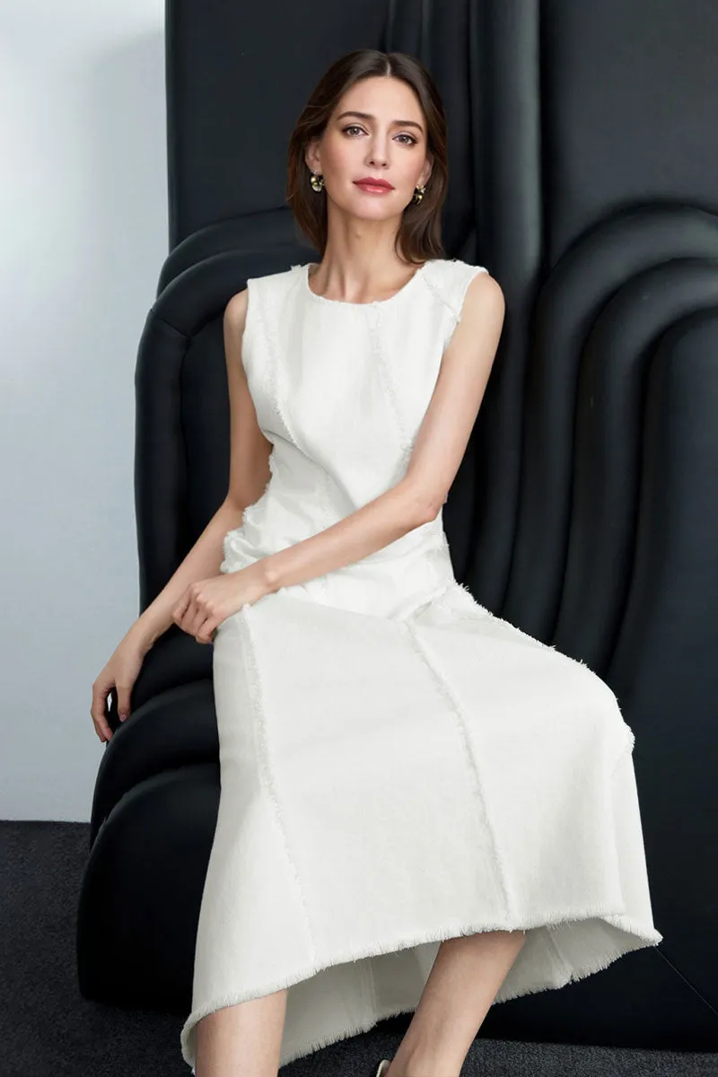 100 Cotton White Denim A-Line Sleeveless Midi Tank Dress with Raw Edge Seams