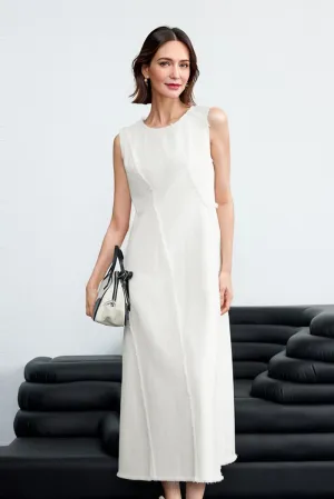 100 Cotton White Denim A-Line Sleeveless Midi Tank Dress with Raw Edge Seams
