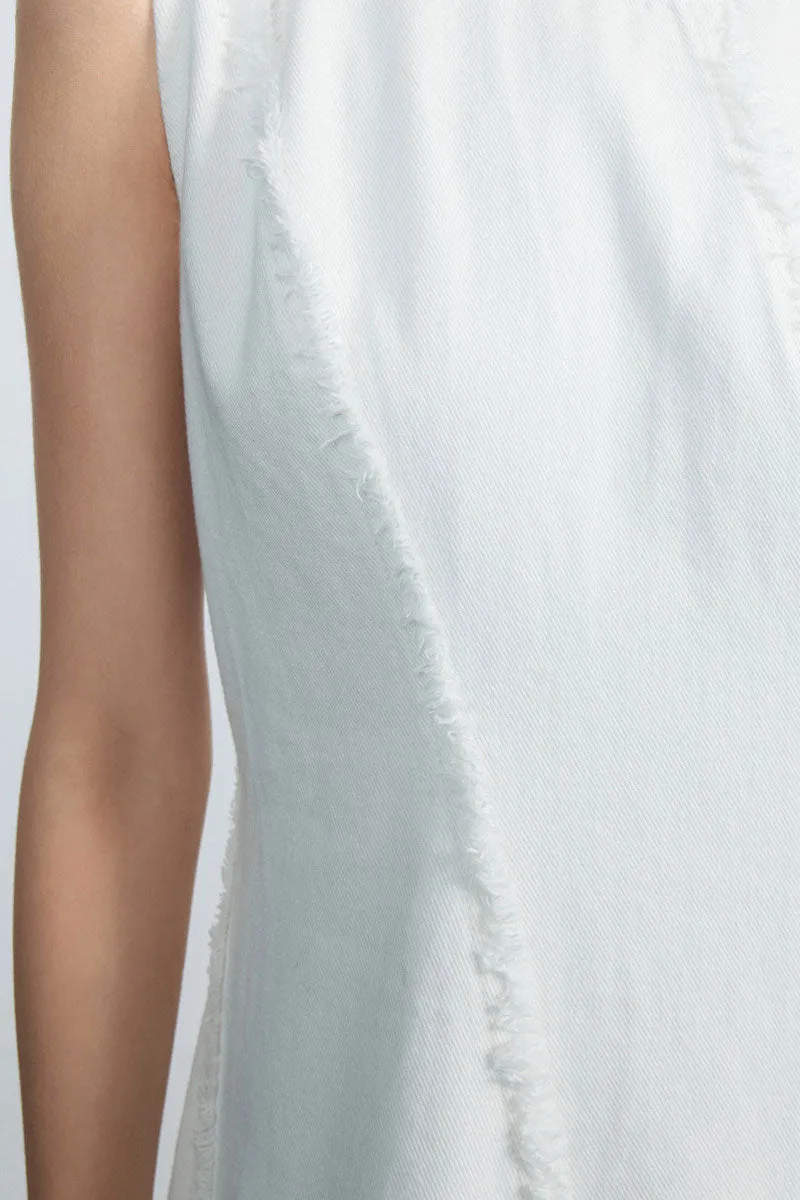 100 Cotton White Denim A-Line Sleeveless Midi Tank Dress with Raw Edge Seams