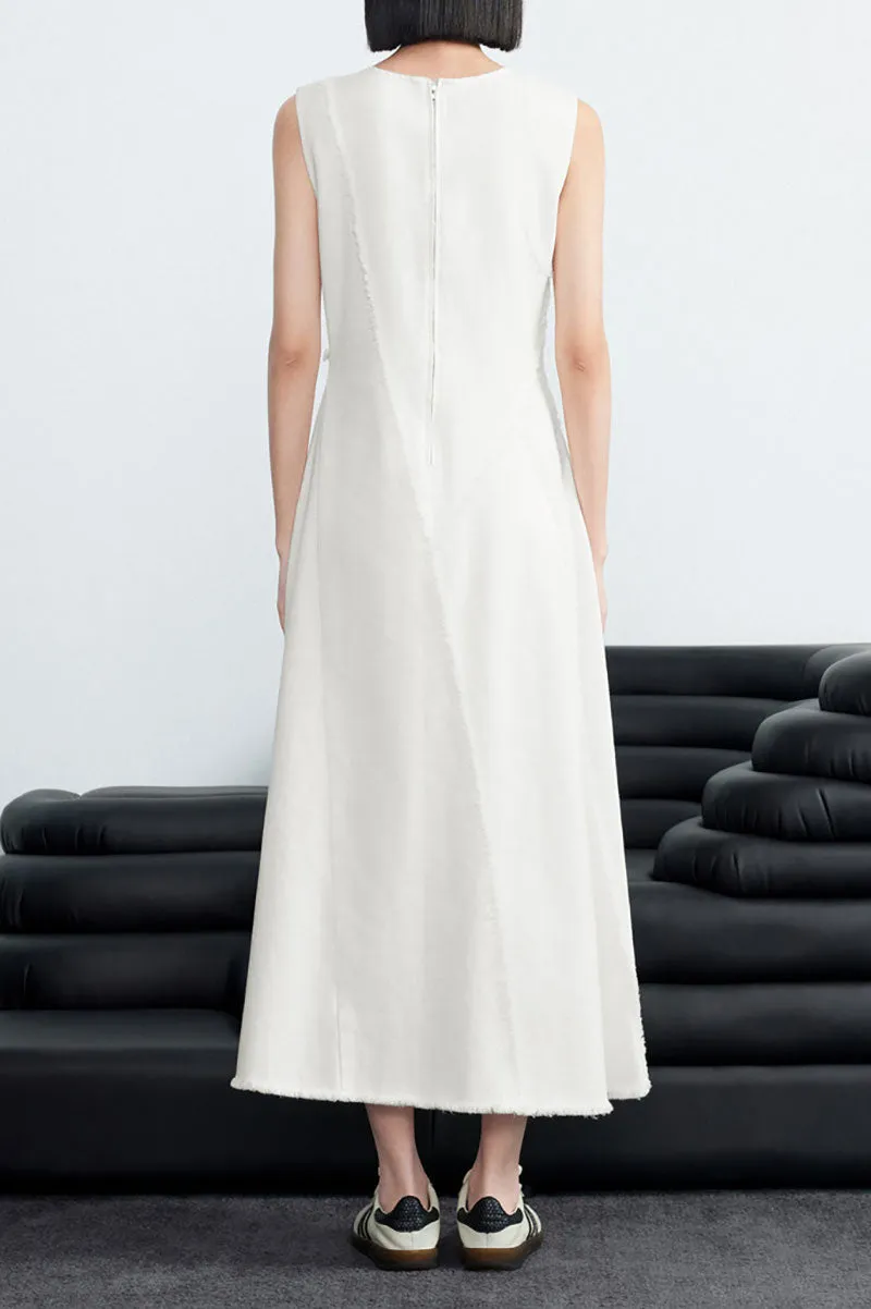 100 Cotton White Denim A-Line Sleeveless Midi Tank Dress with Raw Edge Seams