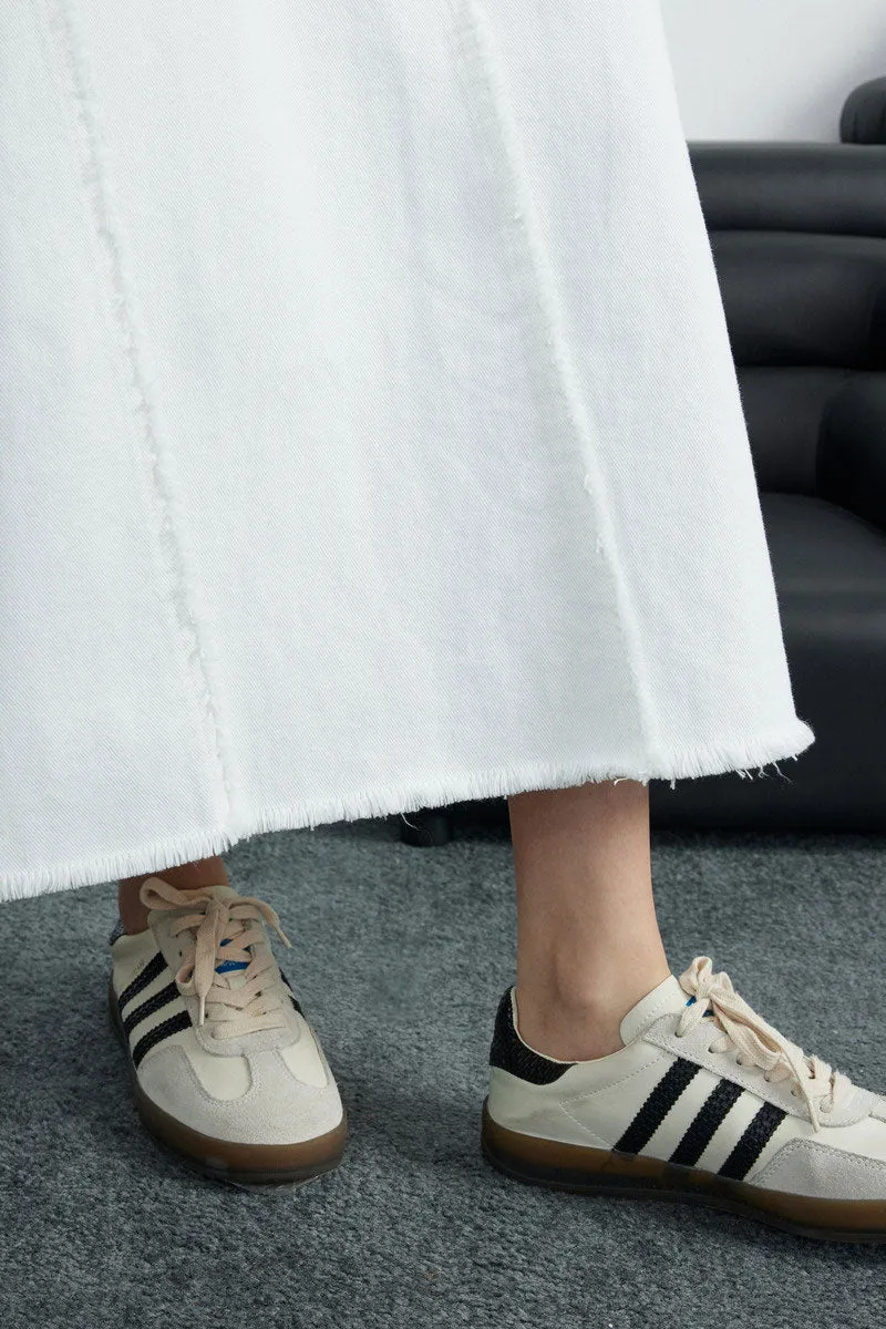 100 Cotton White Denim A-Line Sleeveless Midi Tank Dress with Raw Edge Seams