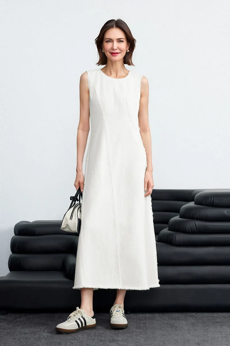 100 Cotton White Denim A-Line Sleeveless Midi Tank Dress with Raw Edge Seams