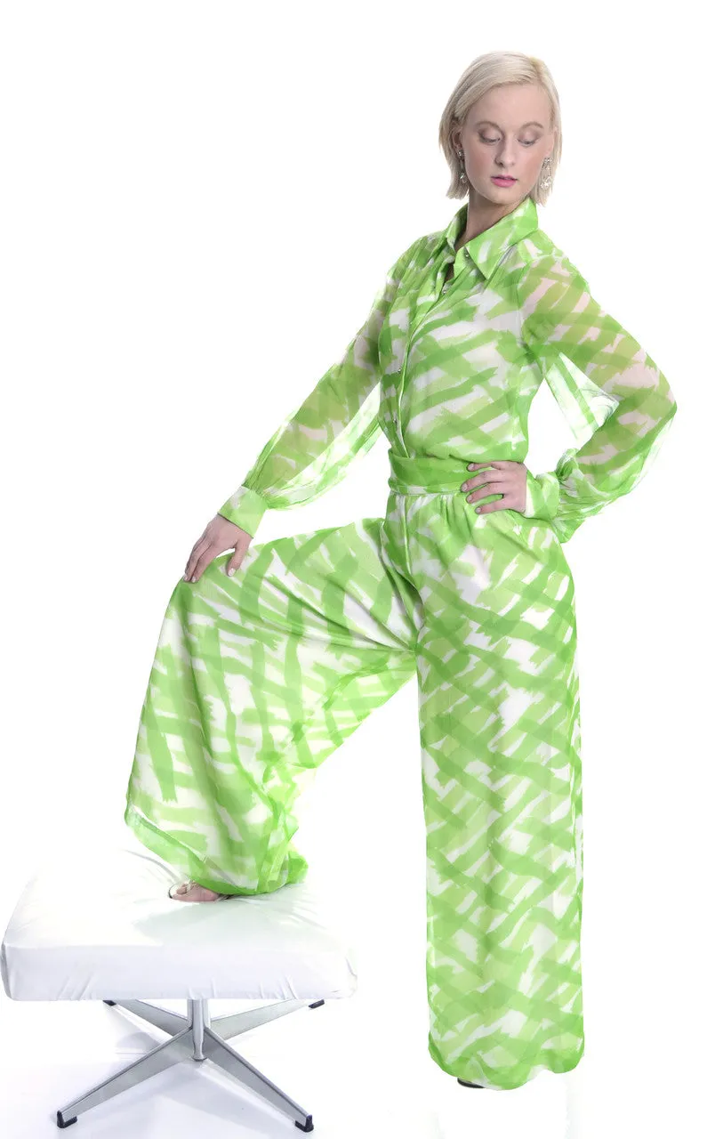 1960s Fred Perlberg Originals Vintage Palazzo Pants Outfit As New Green Silk Chiffon