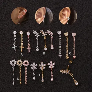 1PC 20g Stainless Steel And Cz Flower Heart Cross Dangle Cartilage Helix Screw Back Earring Stud Ear Piercing Jewelry