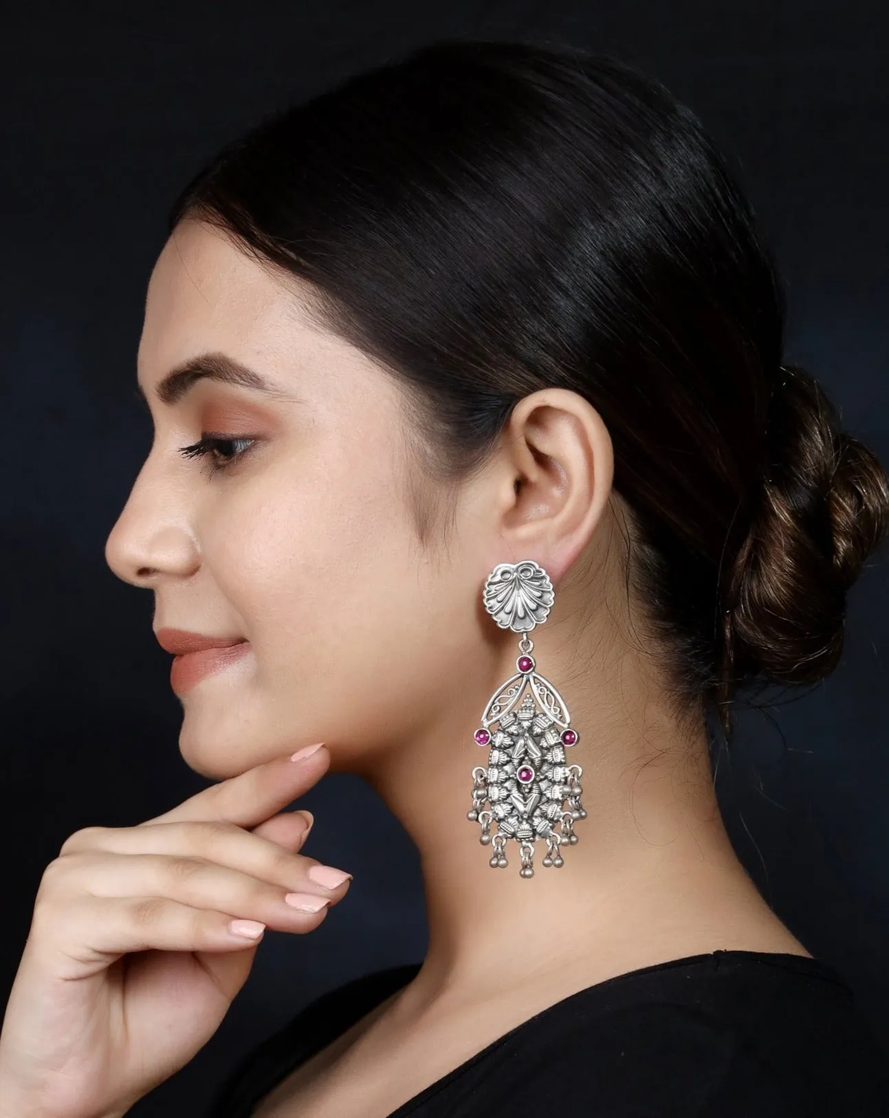 925 Silver Antique Look Handmade Earring With Silver Ball Pearls Hanging
