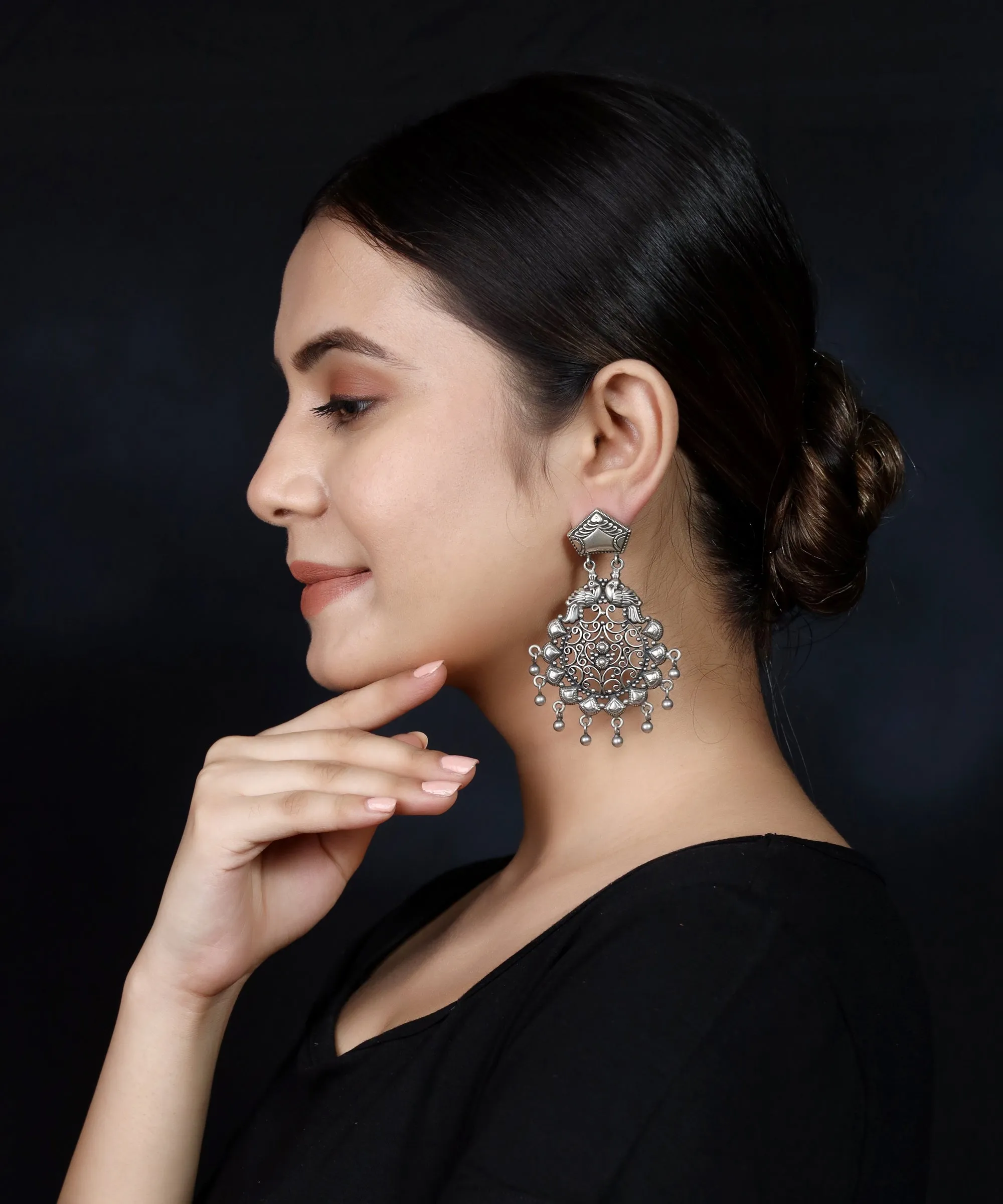 925 Silver Dual Peacock Handmade Earring With Silver Ball Hanging