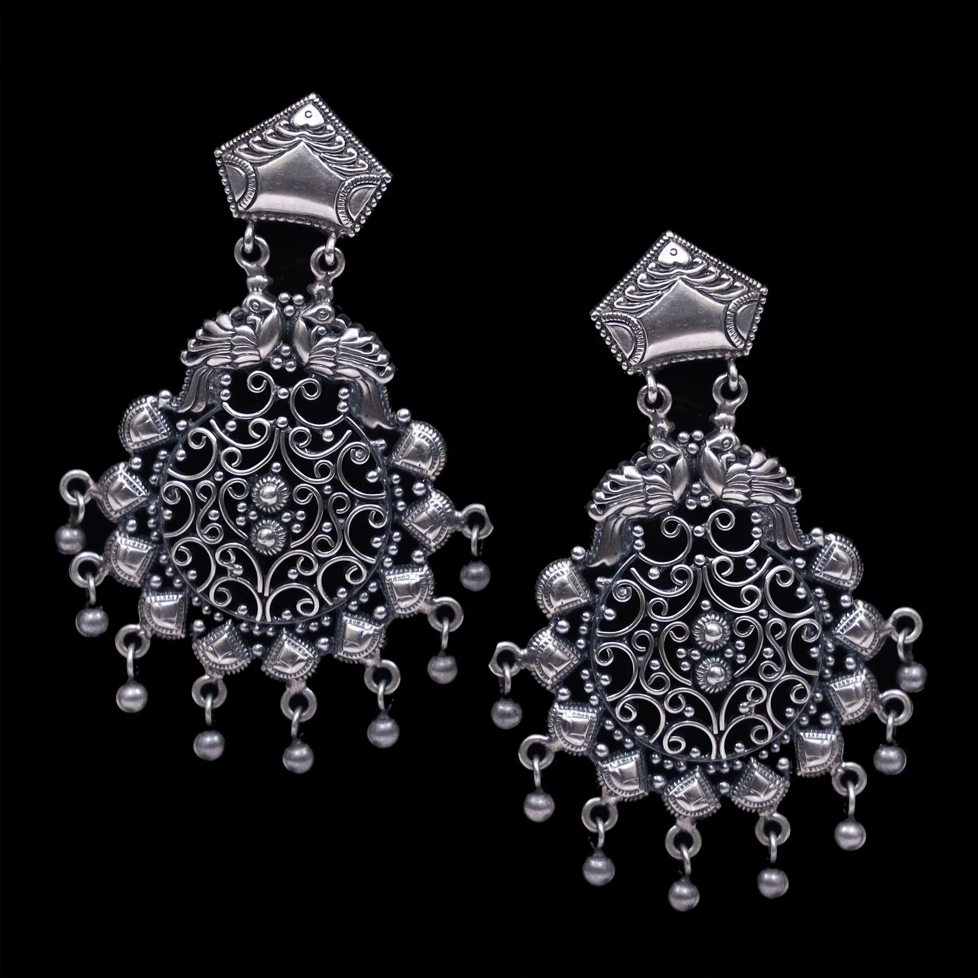 925 Silver Dual Peacock Handmade Earring With Silver Ball Hanging