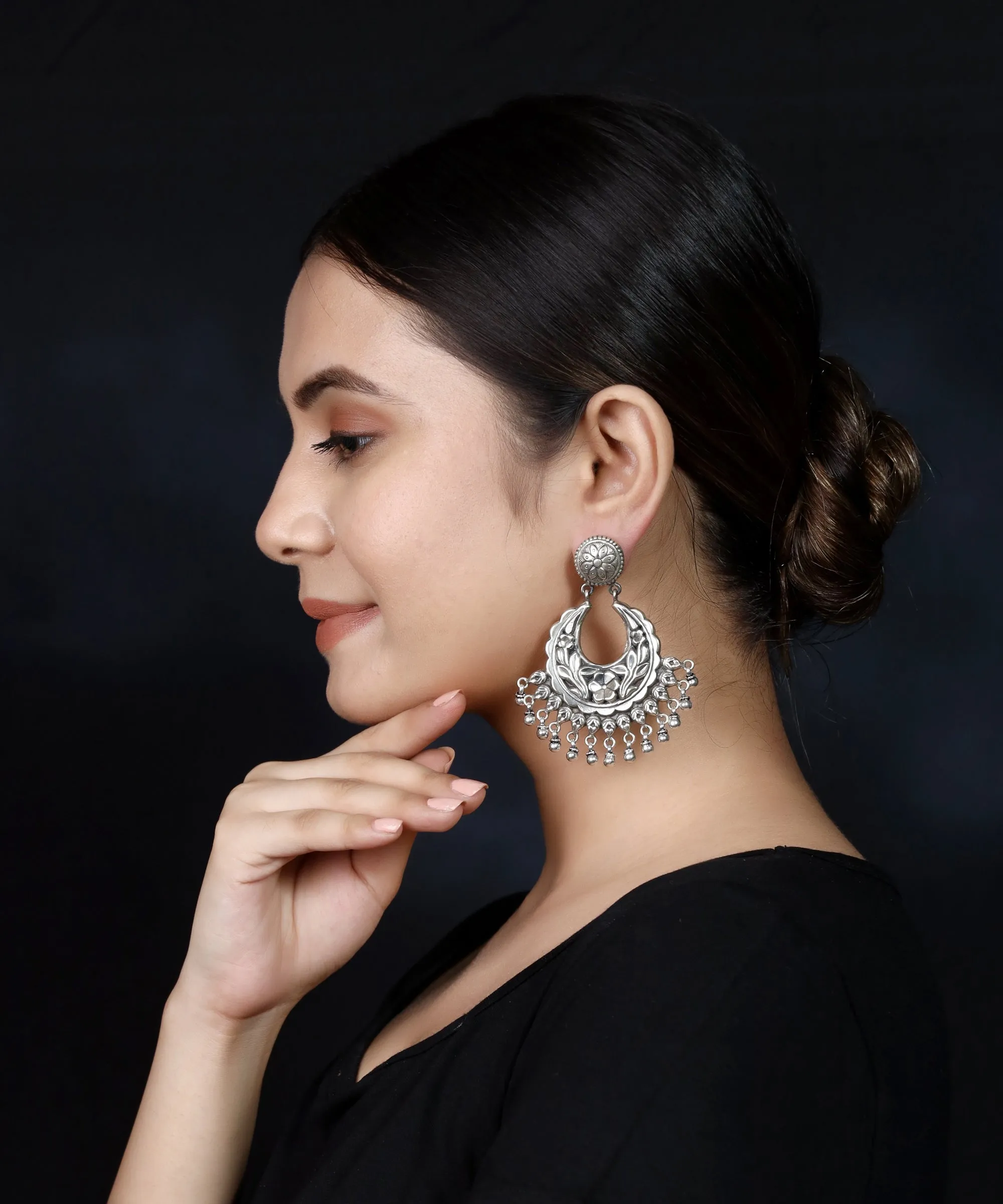925 Silver Floral Handmade Earring With Silver Ball Hanging