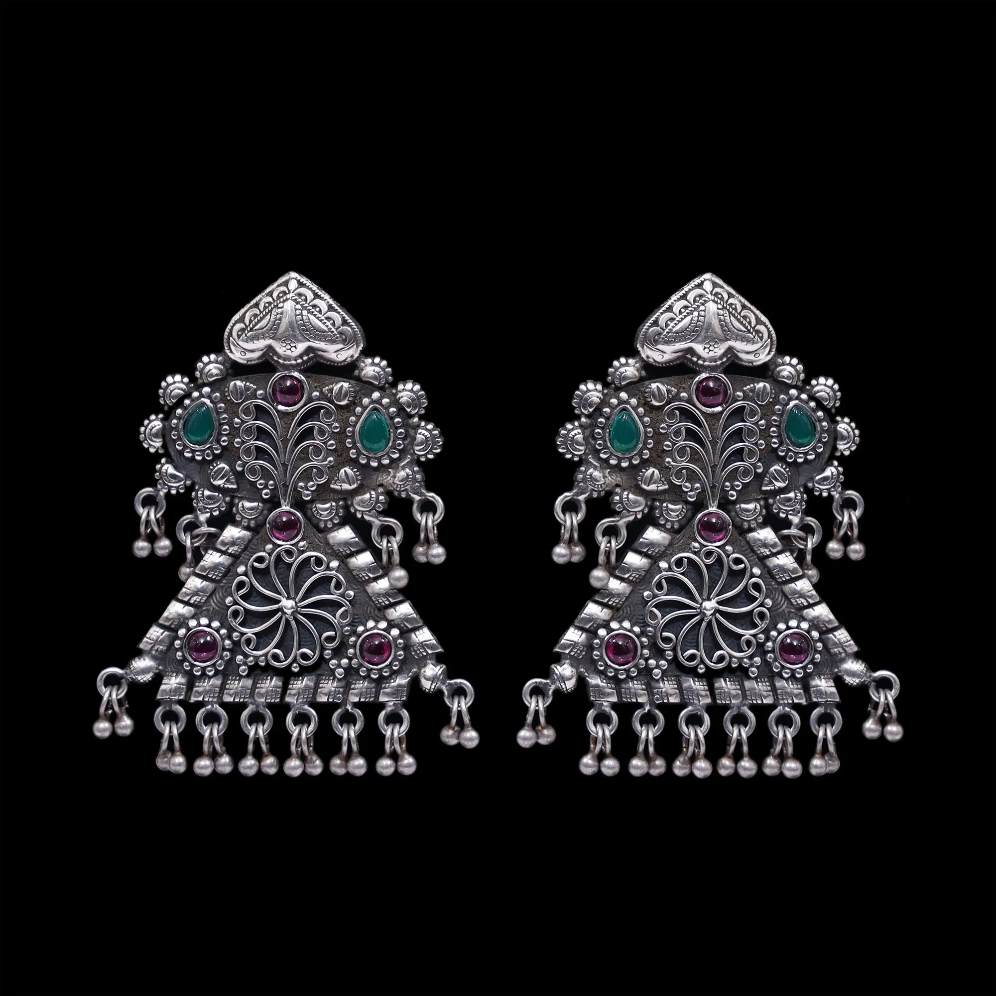 925 Silver Handmade Earring With Multicolor Stone and Silver Ball Hanging