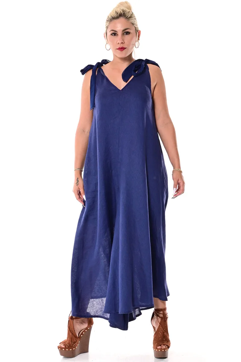 Azucar Ladies 100% Linen Wide Leg V-Neck Jumpsuit w/Shoulder Ties in (5) Colors-LLJ1335