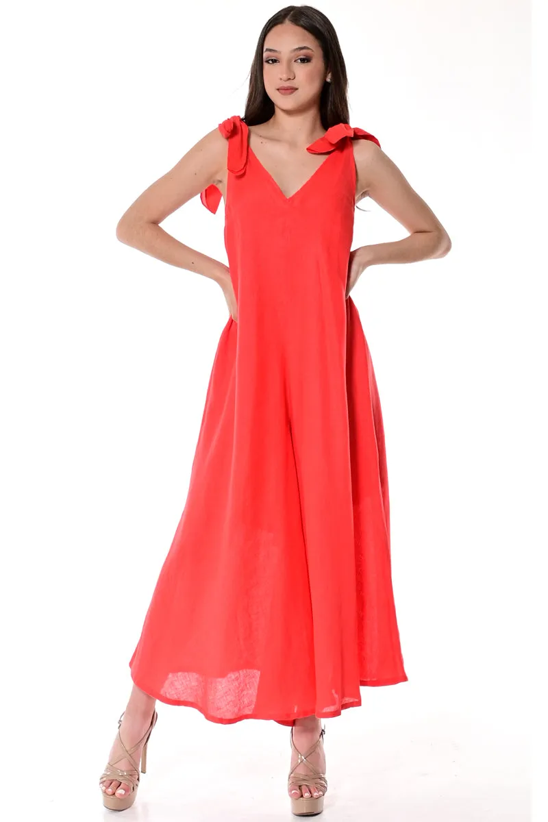 Azucar Ladies 100% Linen Wide Leg V-Neck Jumpsuit w/Shoulder Ties in (5) Colors-LLJ1335