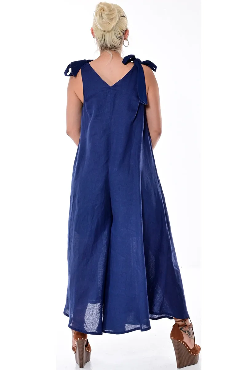 Azucar Ladies 100% Linen Wide Leg V-Neck Jumpsuit w/Shoulder Ties in (5) Colors-LLJ1335