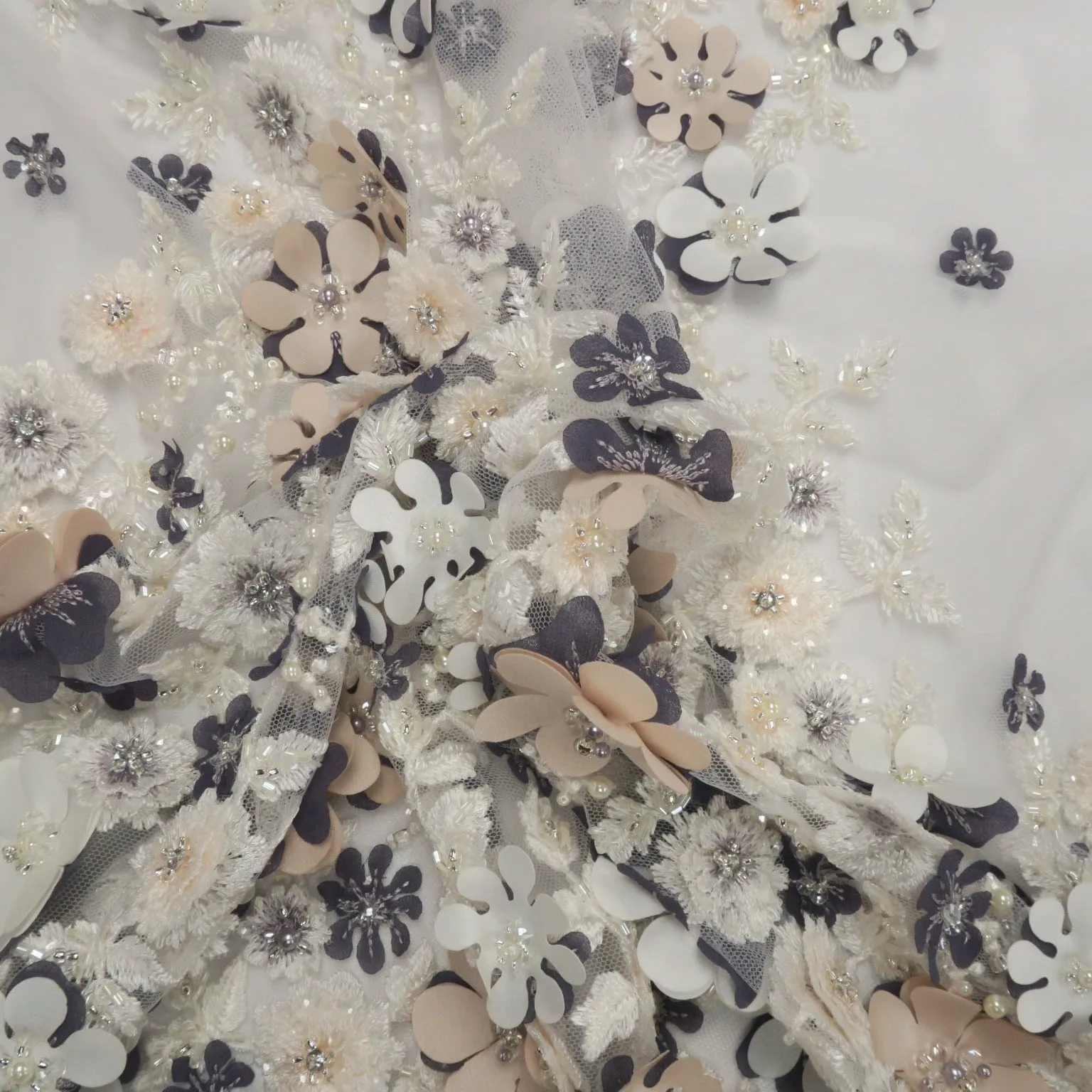 Beige, Purple and White Embroidered Tulle Floral Lace