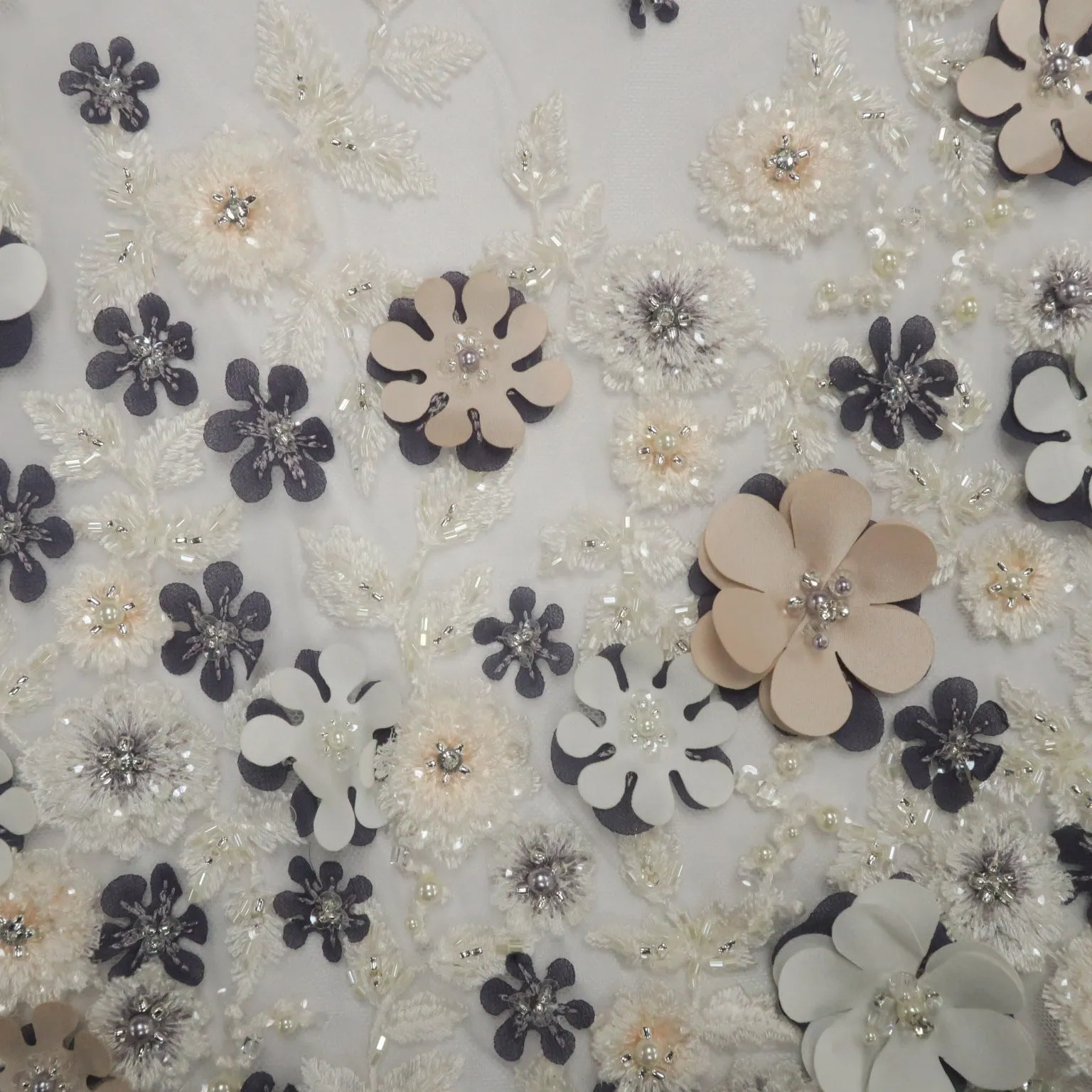 Beige, Purple and White Embroidered Tulle Floral Lace