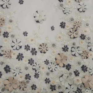 Beige, Purple and White Embroidered Tulle Floral Lace