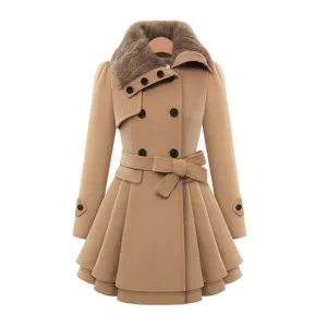 Belted Wool Coat with Fur-Trimmed Collar