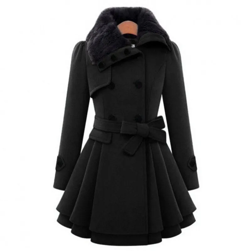 Belted Wool Coat with Fur-Trimmed Collar