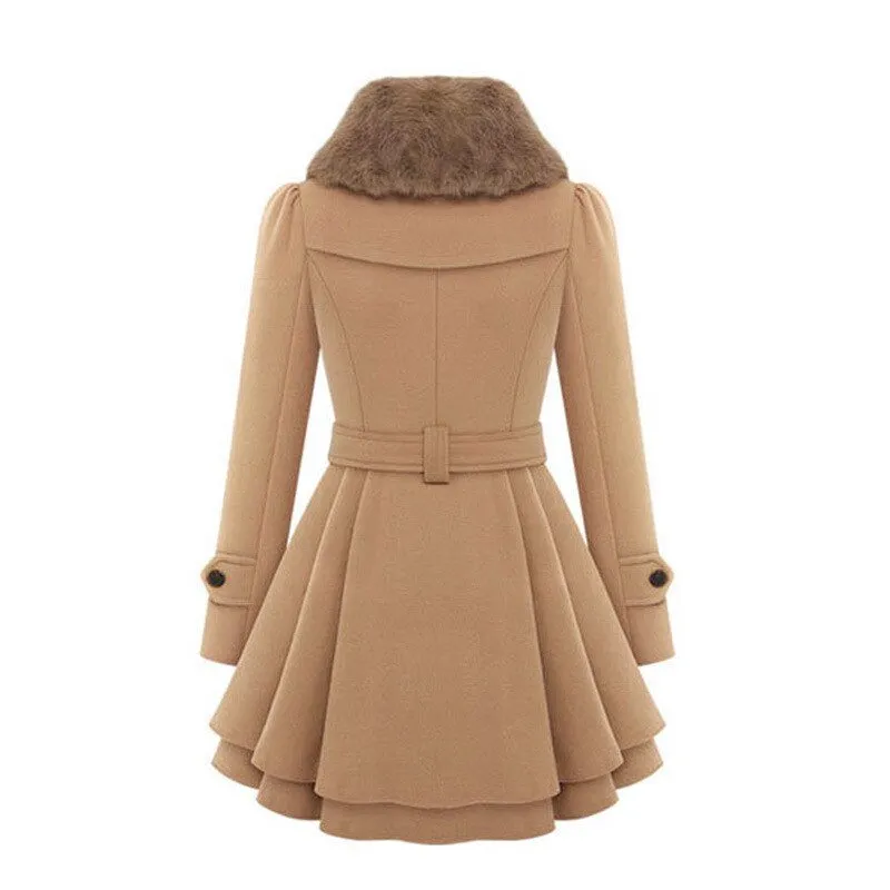 Belted Wool Coat with Fur-Trimmed Collar