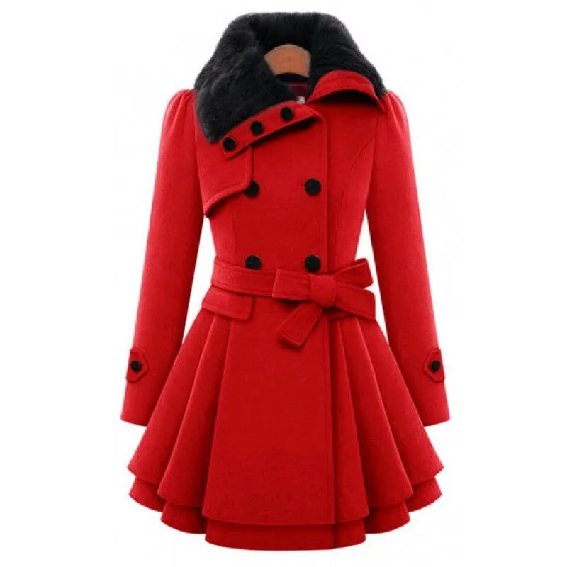 Belted Wool Coat with Fur-Trimmed Collar