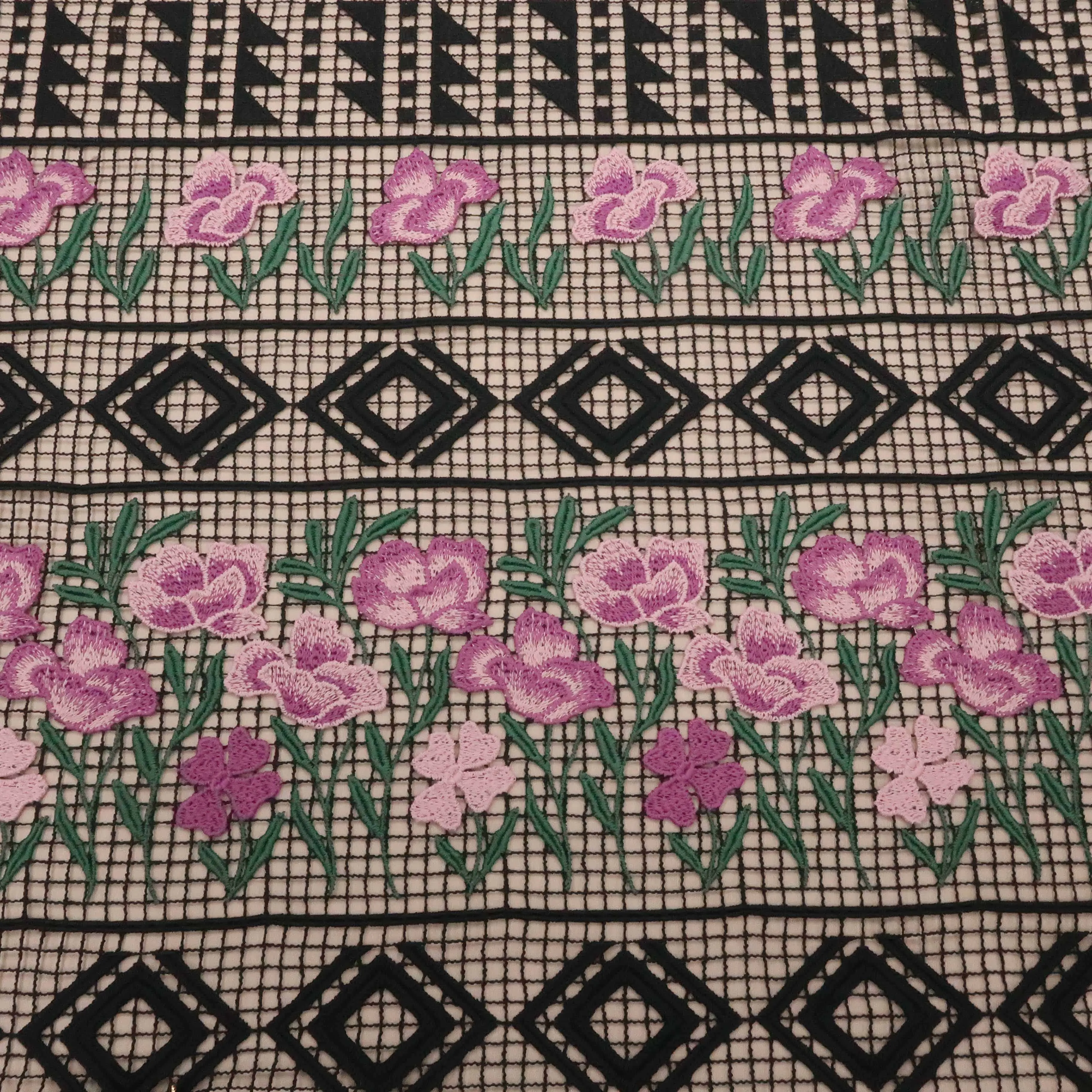 Black Green and Pink Floral with Black Guipure Lace