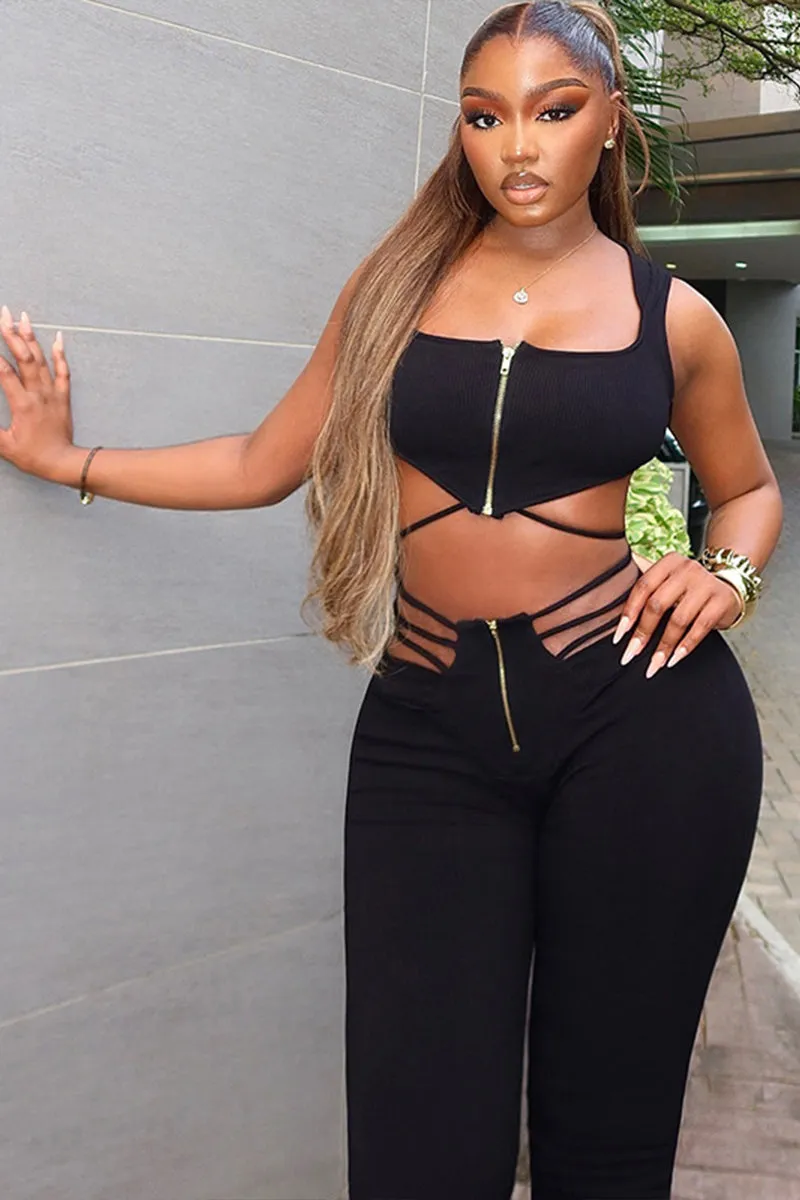 Black Sleeveless Front Zipper Bandage Flare Pants Set