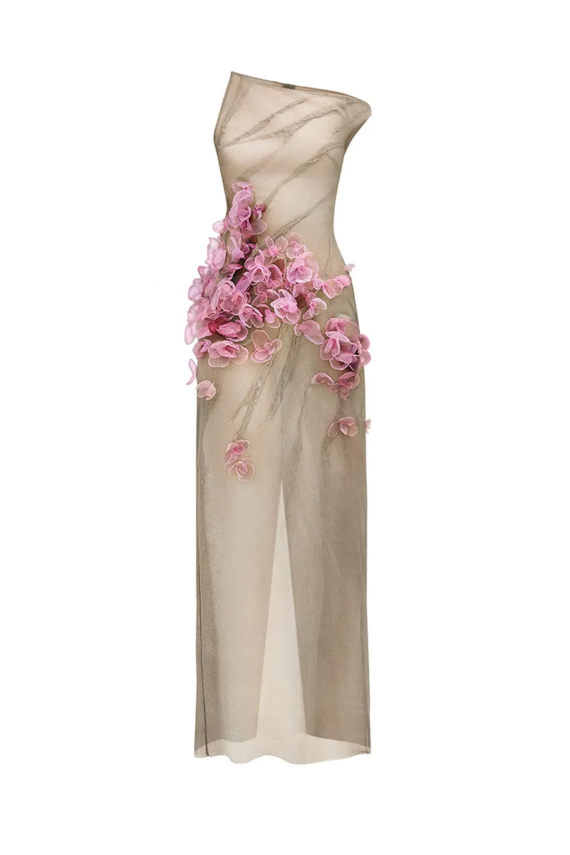 BLOSSOM SHEATH DIAGONAL NECK TULLE FLOOR LENGTH DRESS