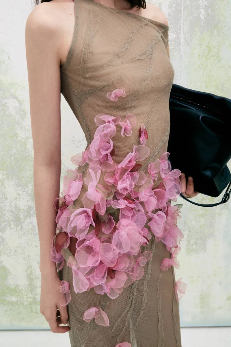 BLOSSOM SHEATH DIAGONAL NECK TULLE FLOOR LENGTH DRESS