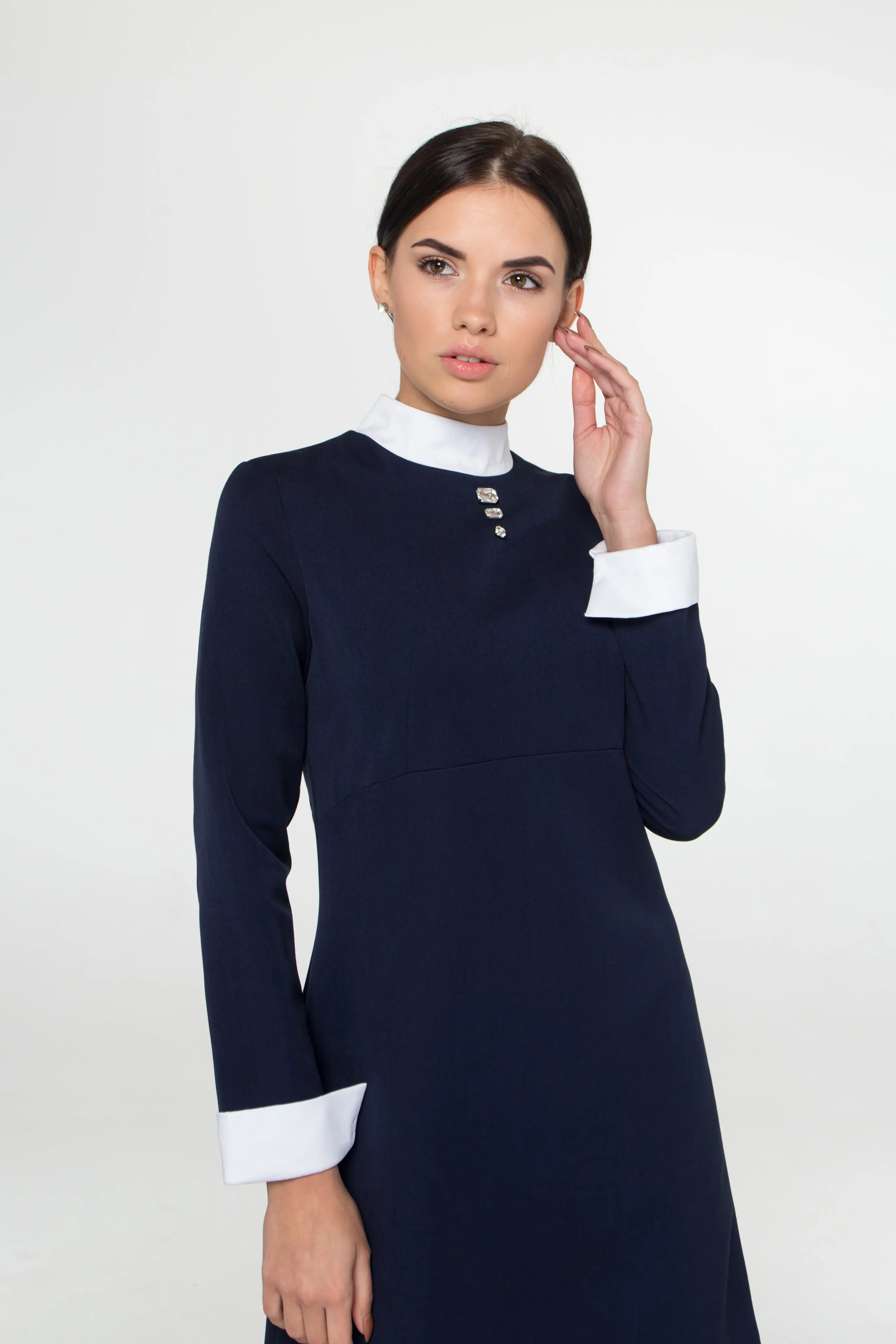 Blue empire waist dress with white collar