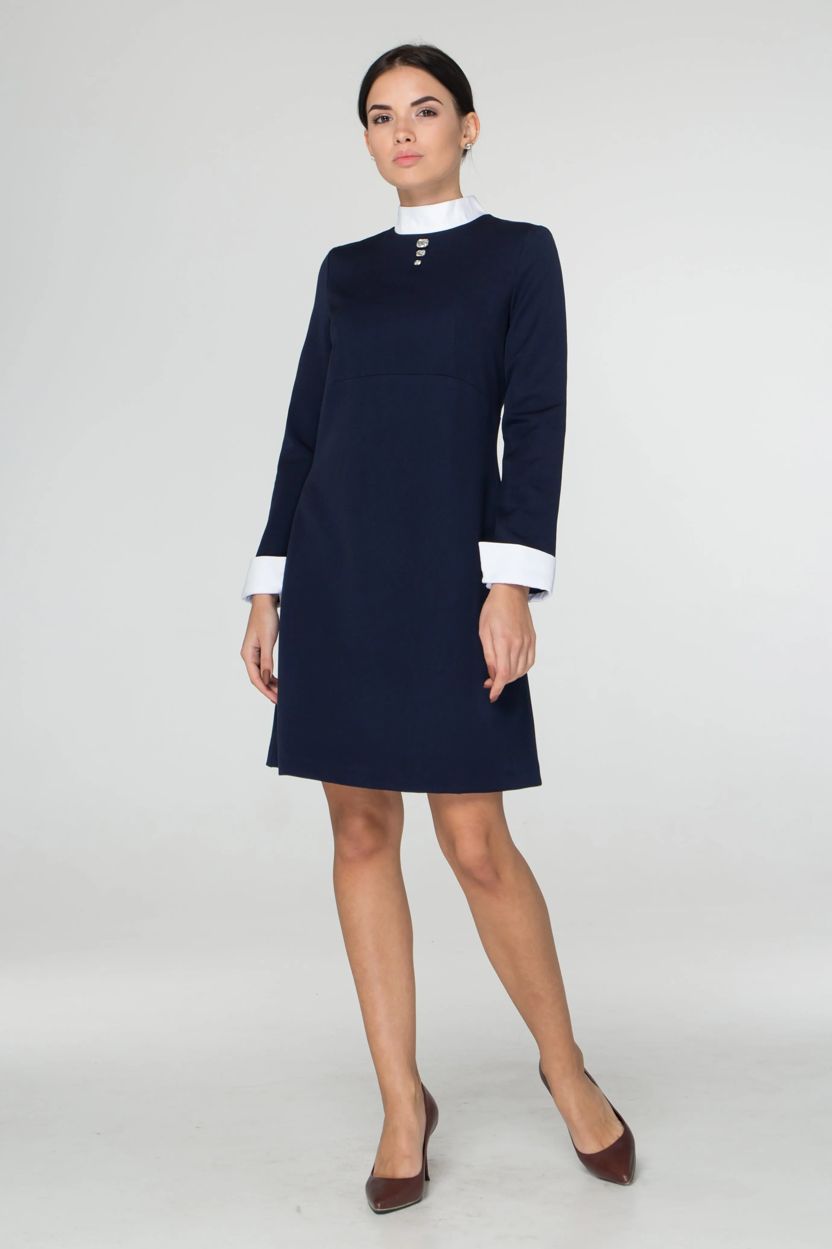 Blue empire waist dress with white collar
