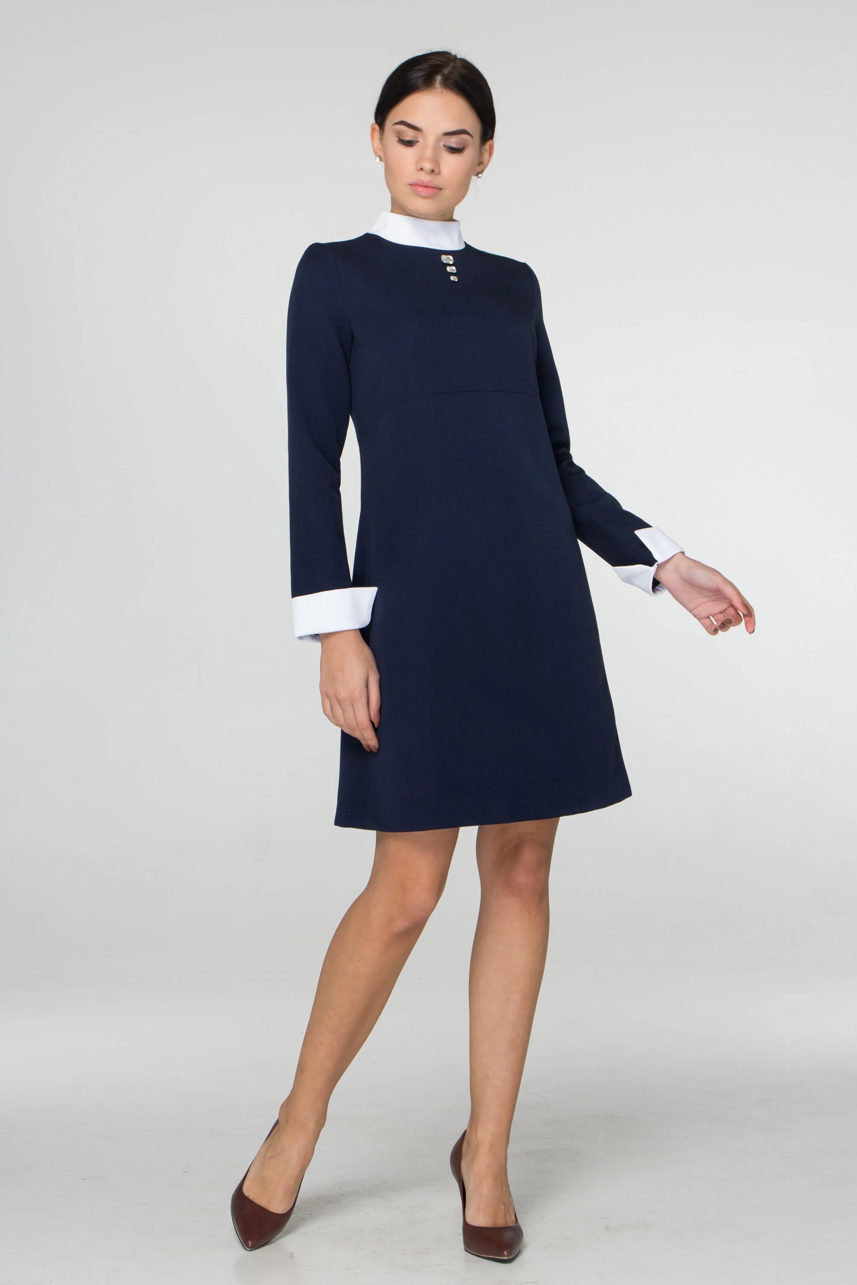 Blue empire waist dress with white collar