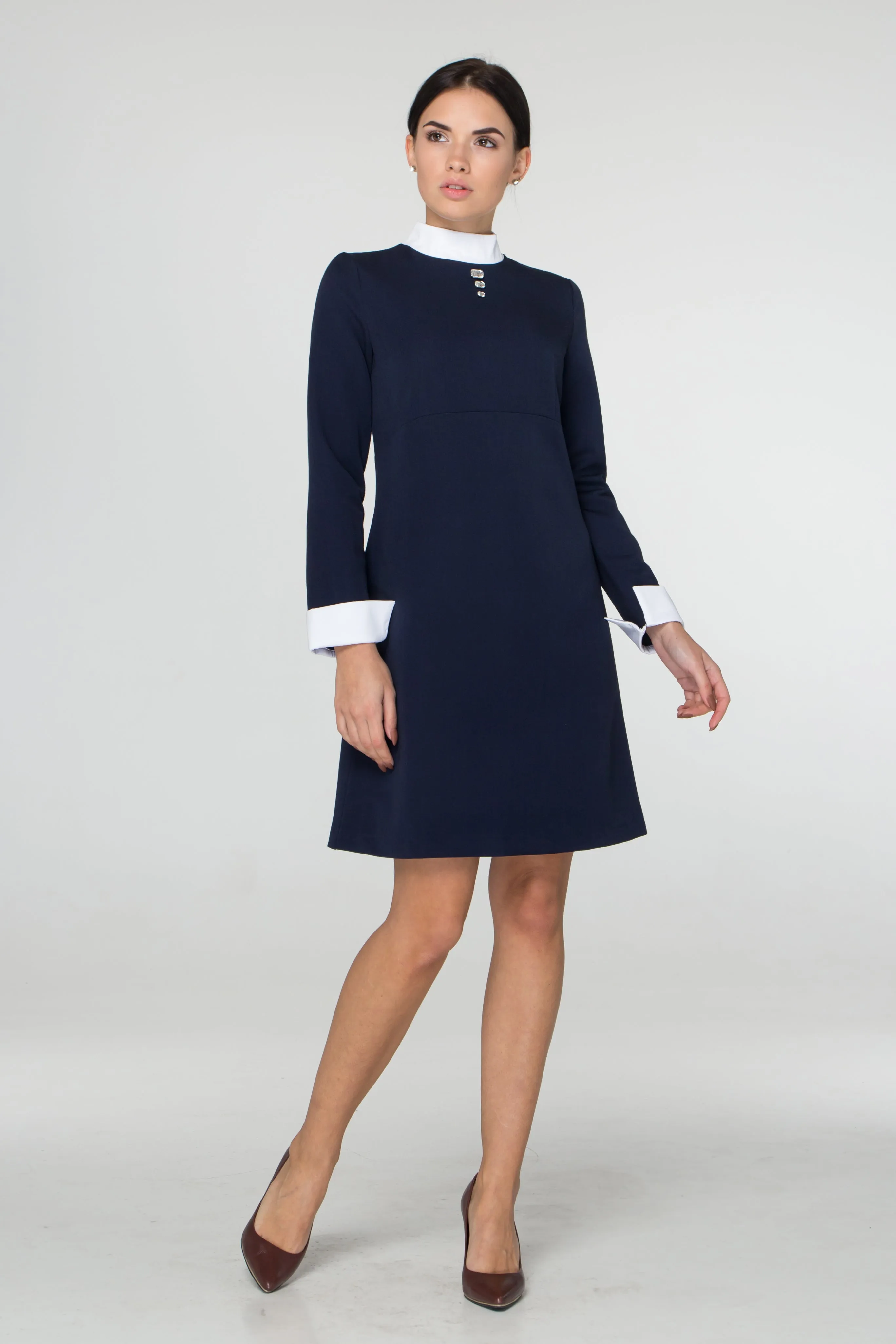 Blue empire waist dress with white collar