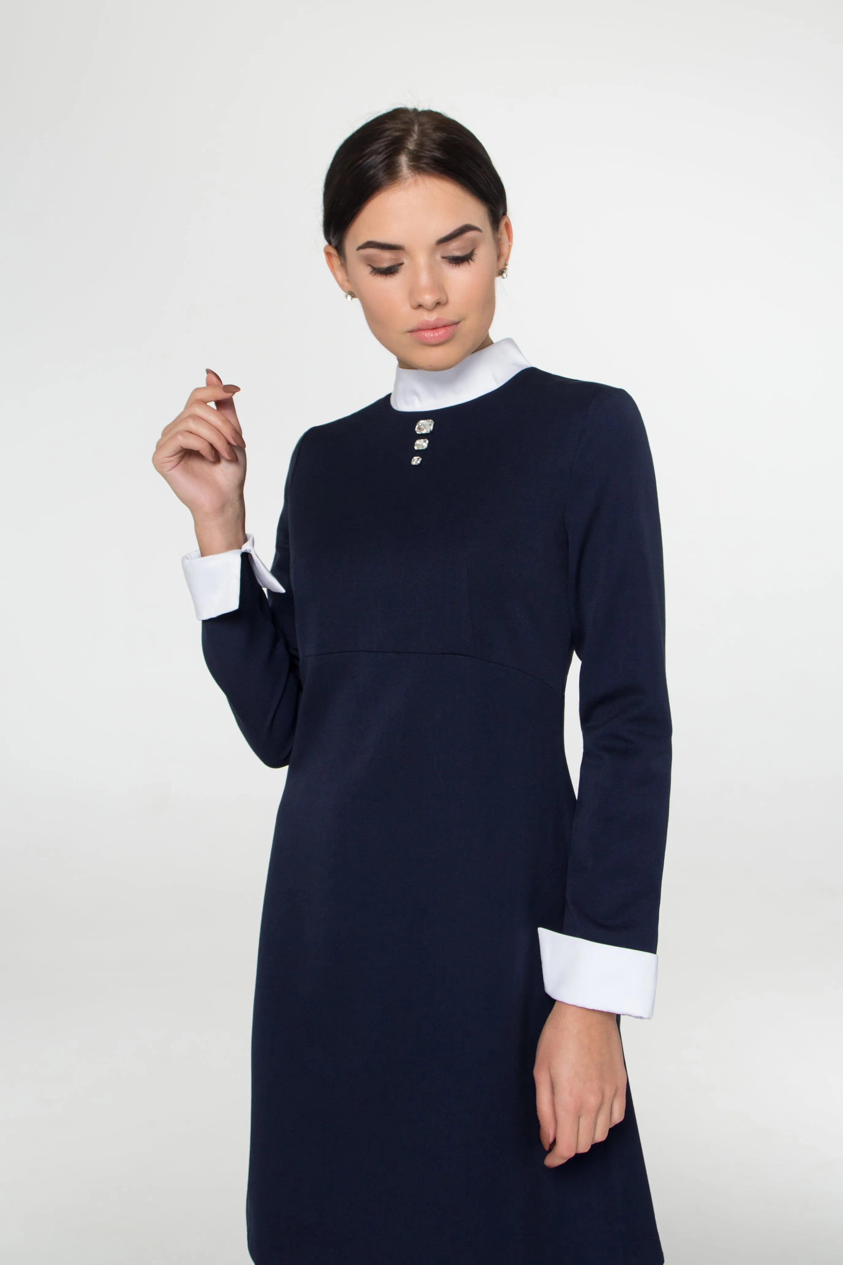 Blue empire waist dress with white collar