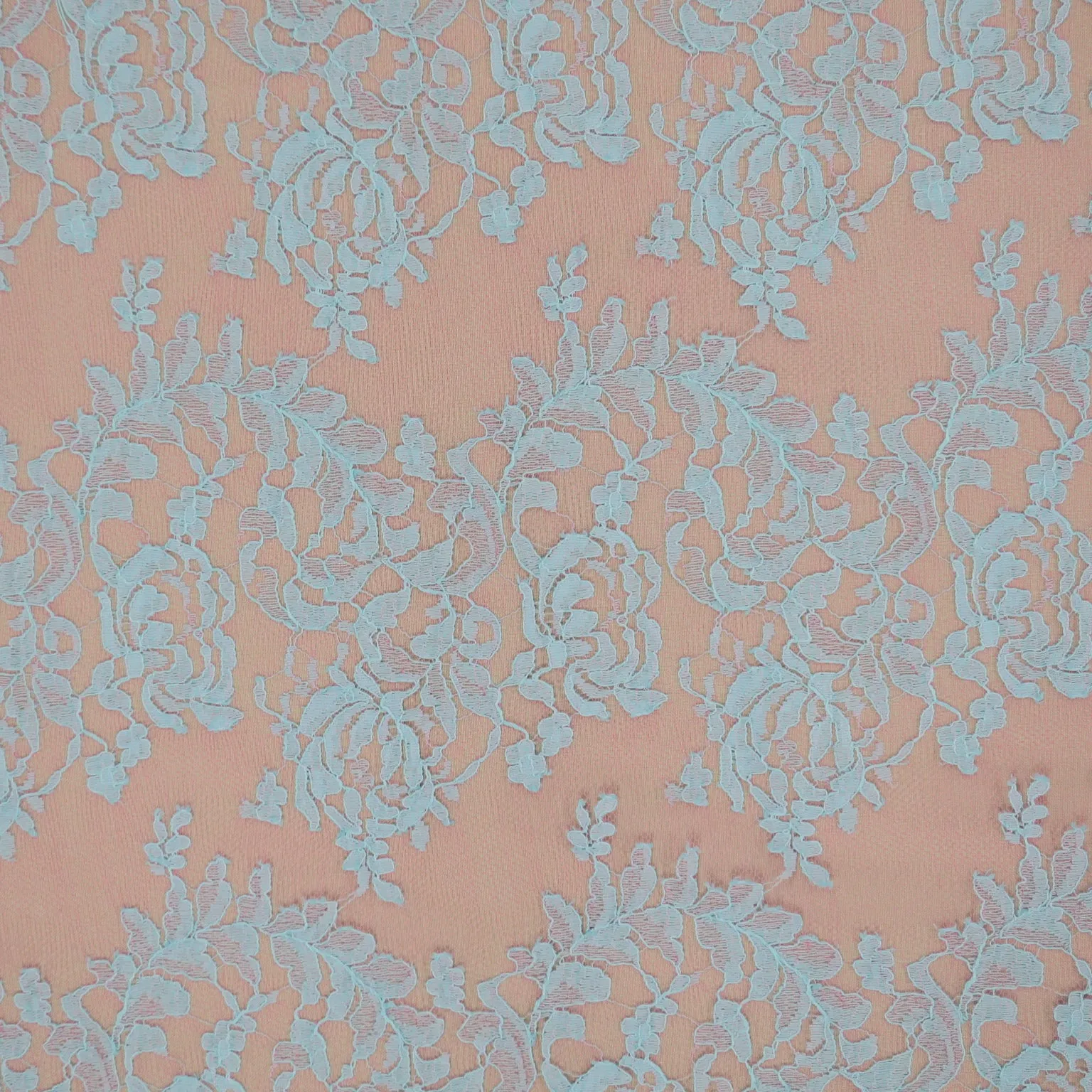 Blue Floral on Blush Corded Embroidered Lace Fabric