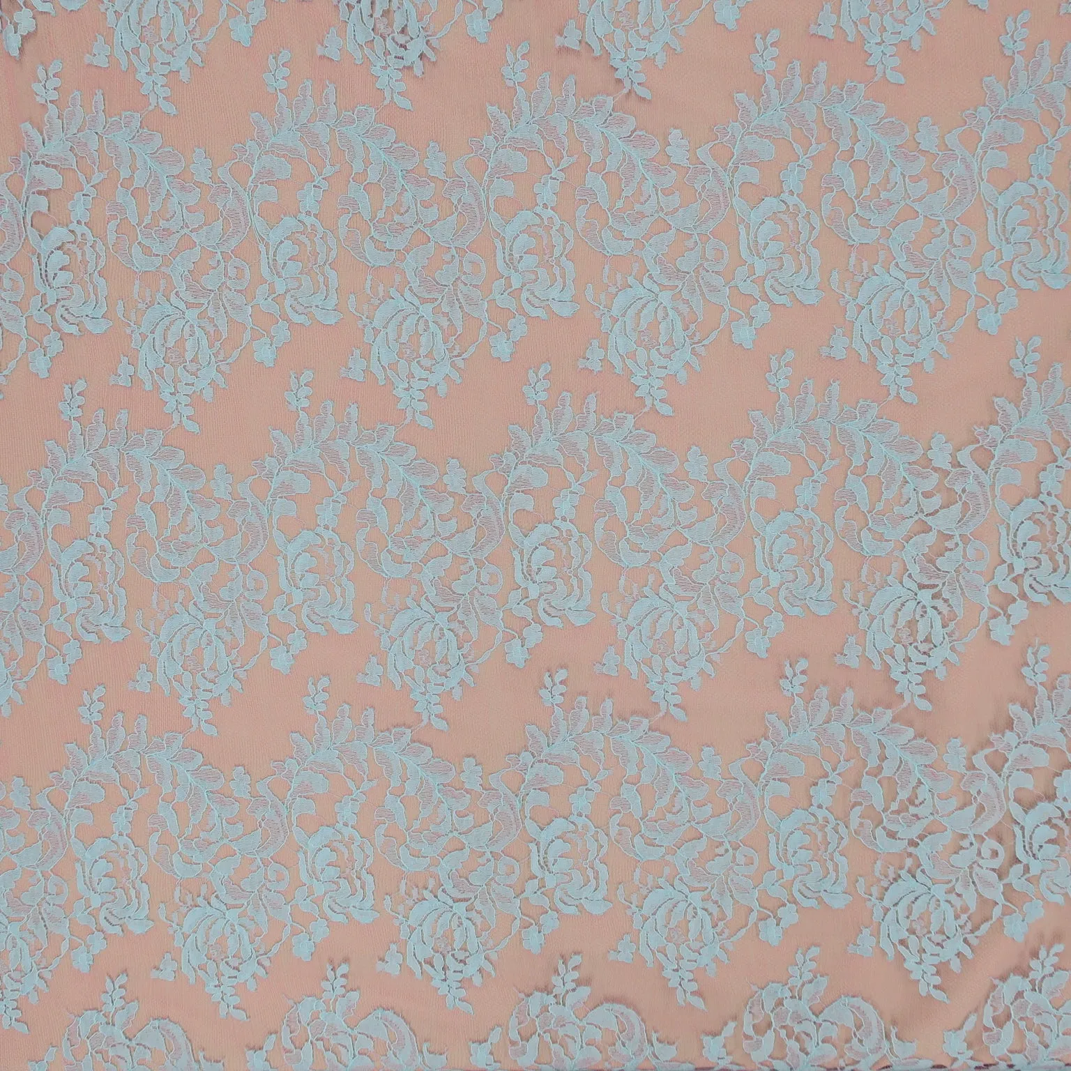 Blue Floral on Blush Corded Embroidered Lace Fabric