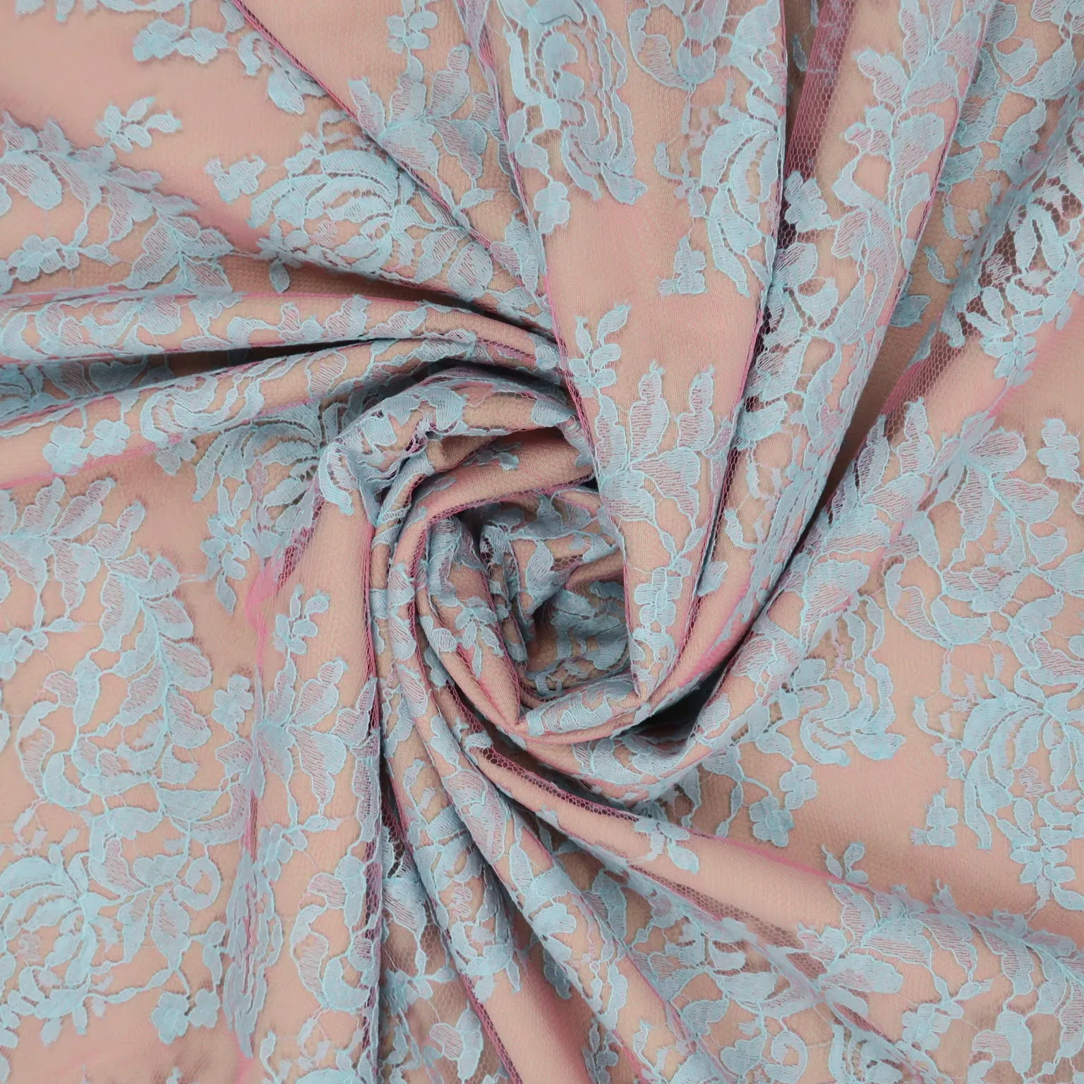 Blue Floral on Blush Corded Embroidered Lace Fabric