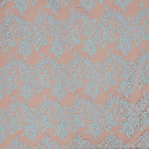 Blue Floral on Blush Corded Embroidered Lace Fabric