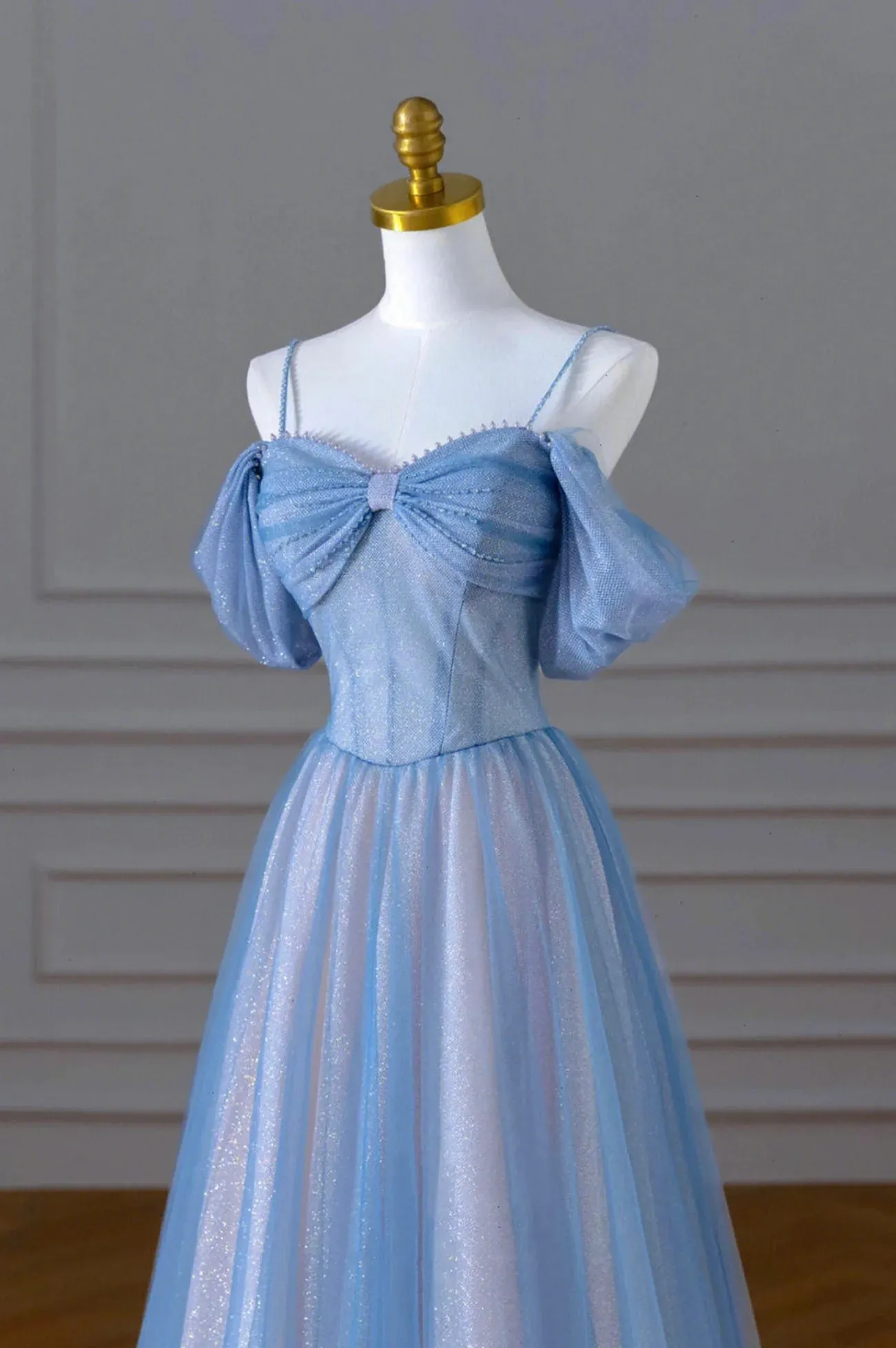 Blue Tulle Long Prom Dress, Off the Shoulder Evening Party Dress with Beaded