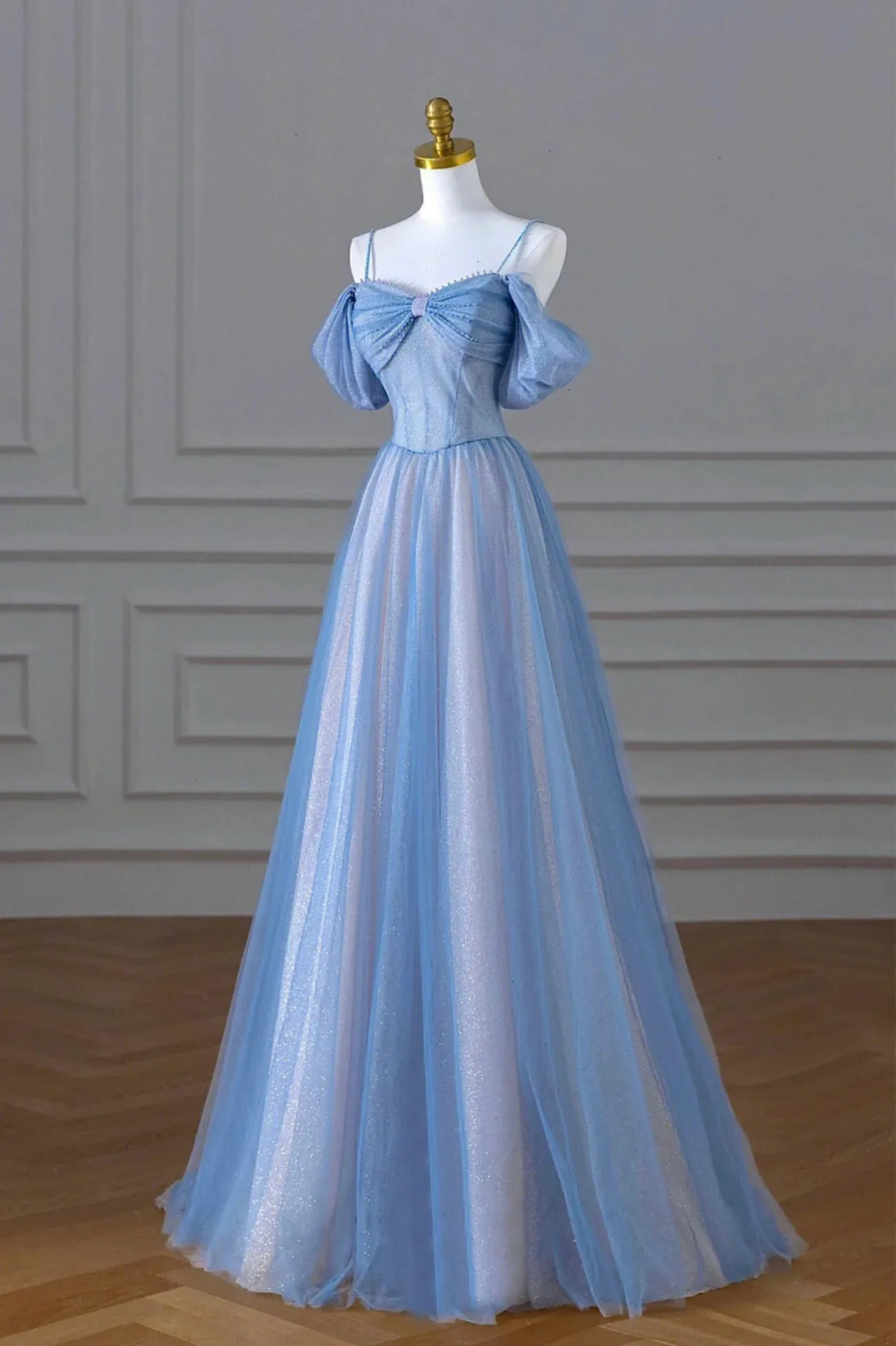 Blue Tulle Long Prom Dress, Off the Shoulder Evening Party Dress with Beaded