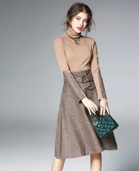 Brown Full Sleeves Skirt Dress