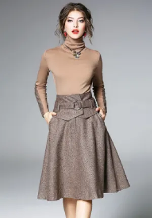 Brown Full Sleeves Skirt Dress