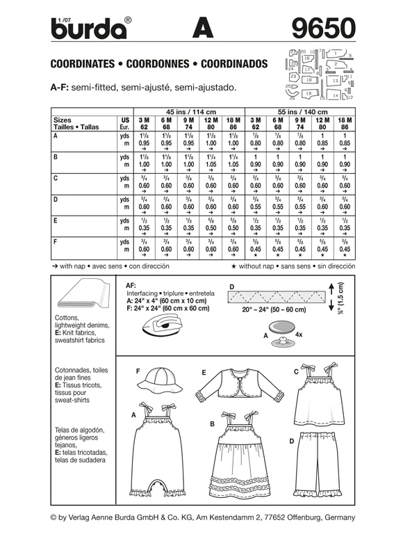 Burda 9650 Baby Girls' Summer Outfits Pattern