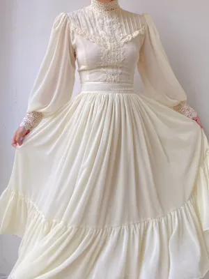 Chiffon Lantern Sleeve Lace Trim Dress