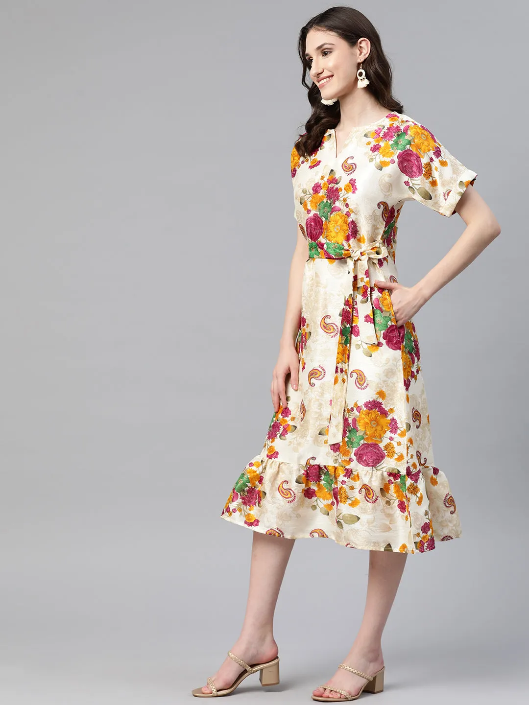 Cottinfab Floral Print Tiered A-Line Midi Dress With Tie-Ups Detail
