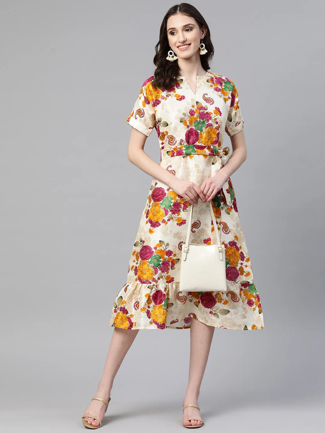 Cottinfab Floral Print Tiered A-Line Midi Dress With Tie-Ups Detail