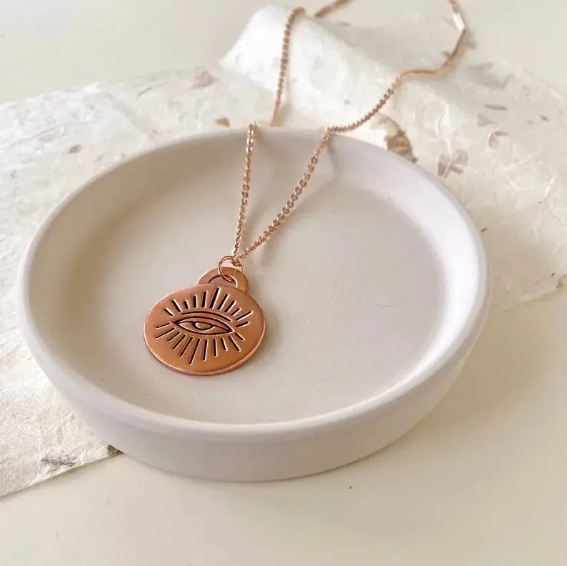 Evil eye copper charm necklace, talisman pendant, rose gold chain by Earth Fire Jewellery