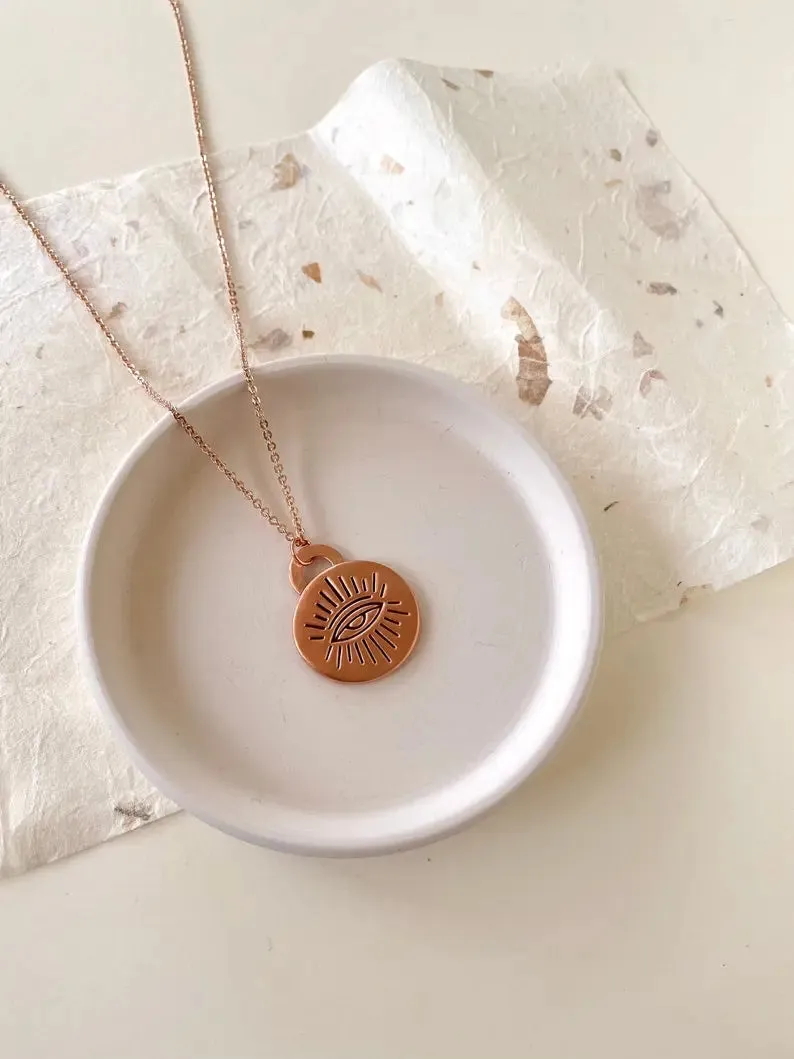 Evil eye copper charm necklace, talisman pendant, rose gold chain by Earth Fire Jewellery