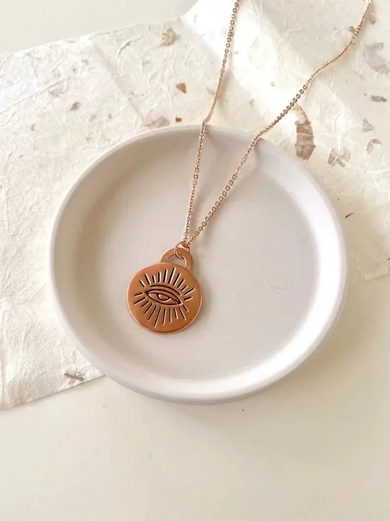 Evil eye copper charm necklace, talisman pendant, rose gold chain by Earth Fire Jewellery