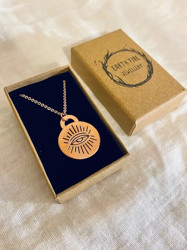 Evil eye copper charm necklace, talisman pendant, rose gold chain by Earth Fire Jewellery