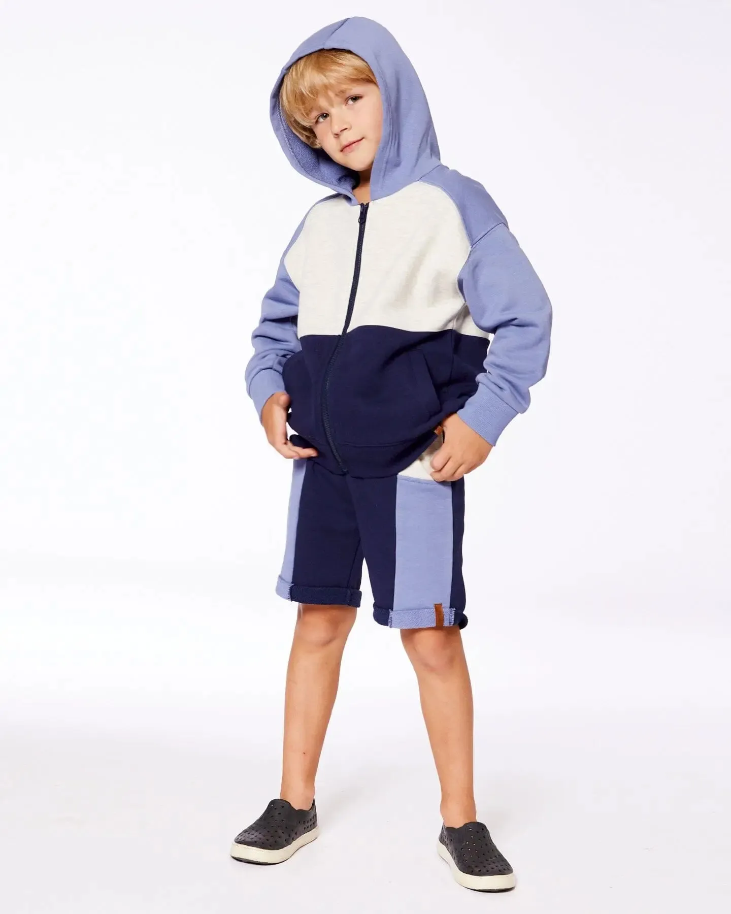 French Terry Color Block Full Zip Hoodie Sweatshirt Blue, Navy And Cream
