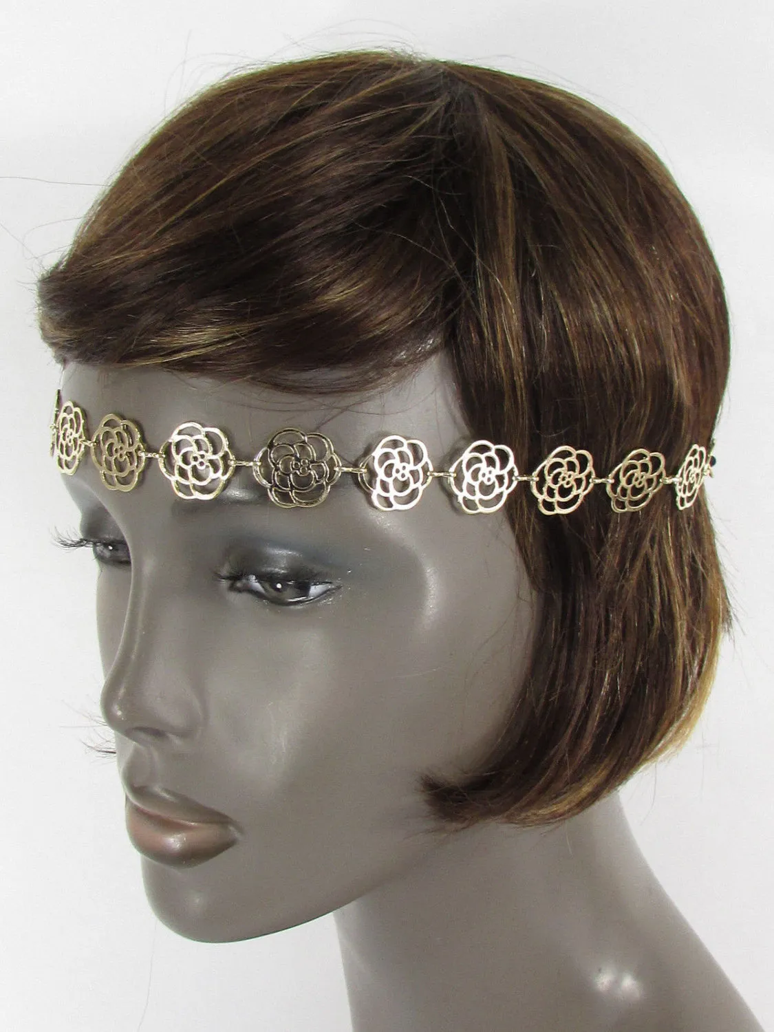Gold Metal Head Band Chain Black Elastic Band Multi Flowers
